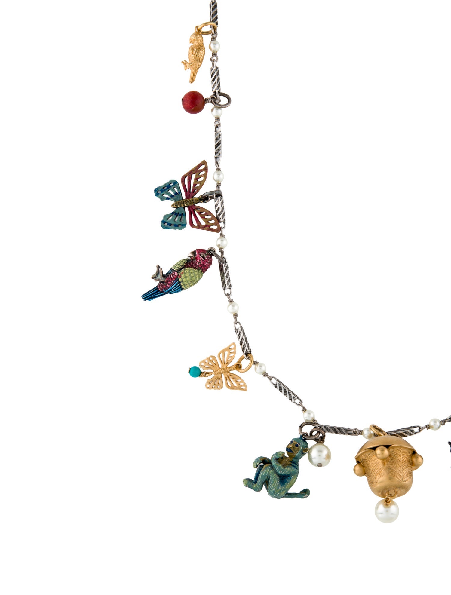 Christian Dior Vintage Faux Pearl, Composite Coral, & Composite Turquoise Jungle Station Necklace