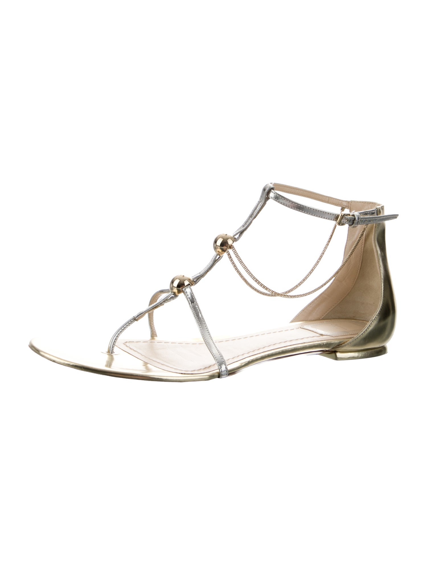 Christian Dior Leather Chain-Link Accents T-Strap Sandals