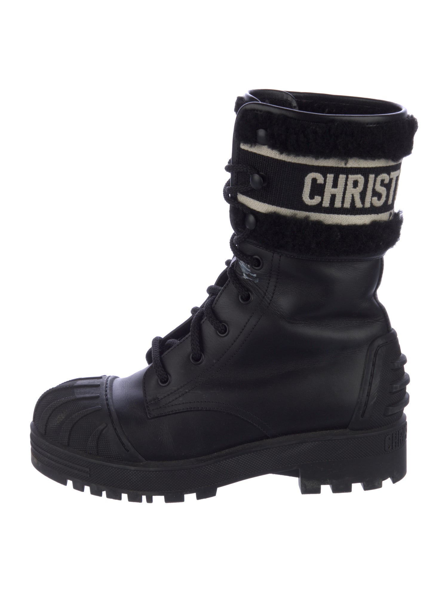 Christian Dior Leather Faux Fur Trim Combat Boots