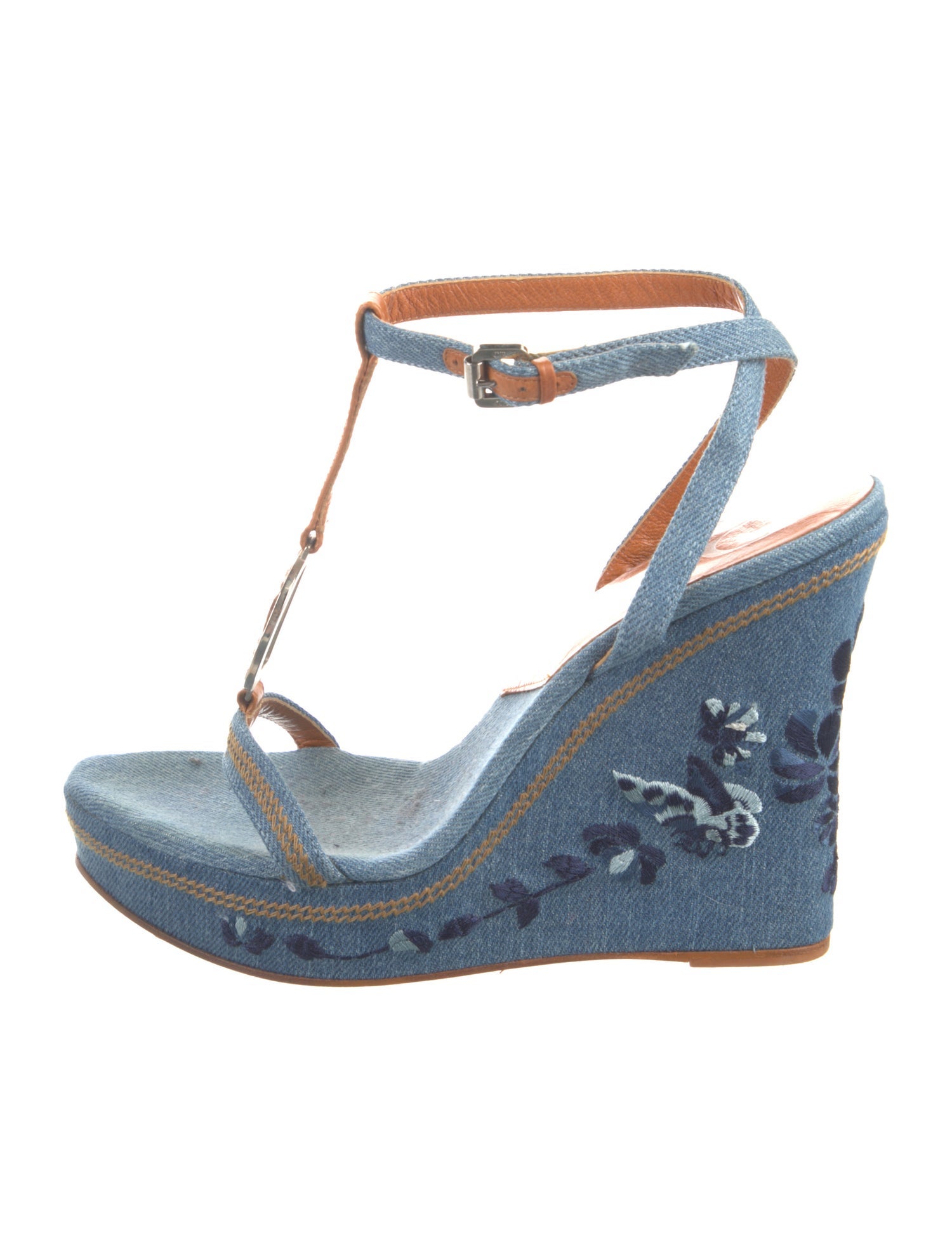 Christian Dior Denim Embroidered Accent T-Strap Sandals