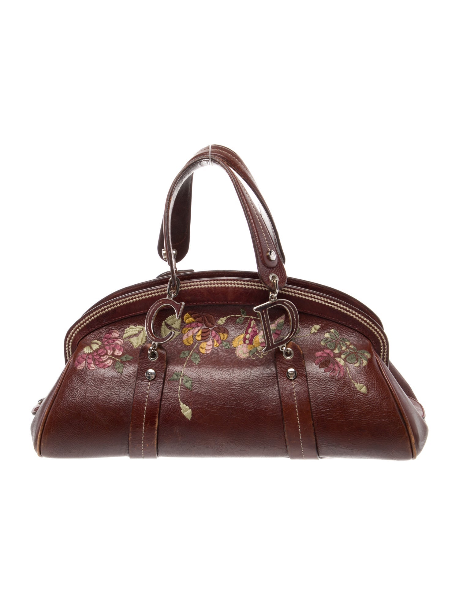 Christian Dior Leather Dior Brown Leather Flowers Embroidered Satchel Vintage