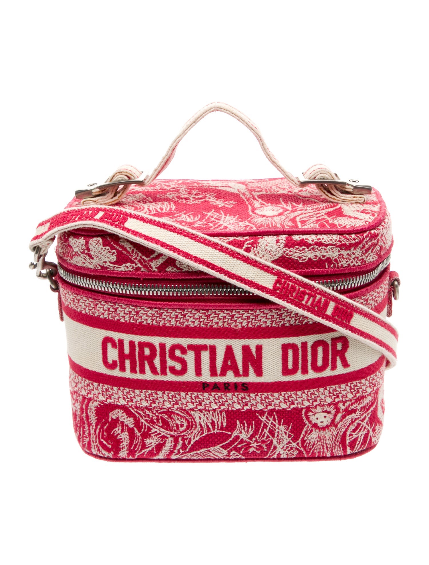 Christian Dior Toile de Jouy Canvas Embroidered Toile De Jouy Small Travel Vanity Case Fuchsia Small