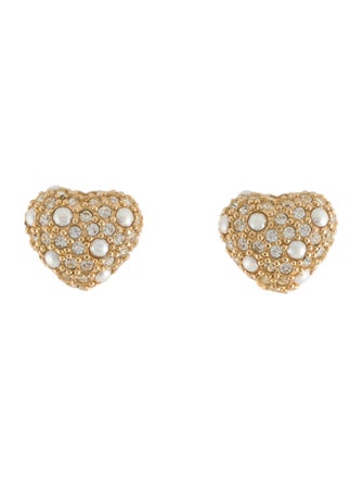 Christian Dior Vintage Heart Crystal & Faux Pearl Clip-On Earrings