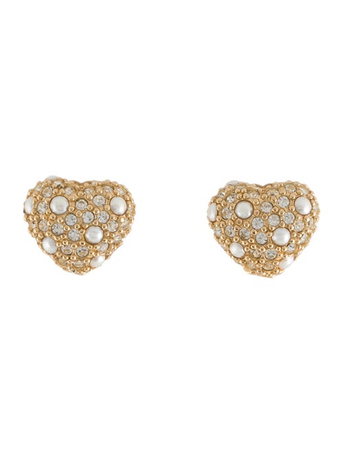 Christian Dior Vintage Heart Crystal & Faux Pearl Clip-On Earrings