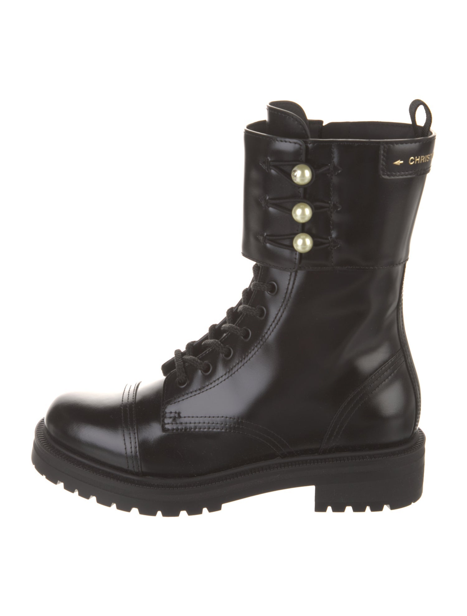 Christian Dior Faux Pearl Accents Leather Combat Boots