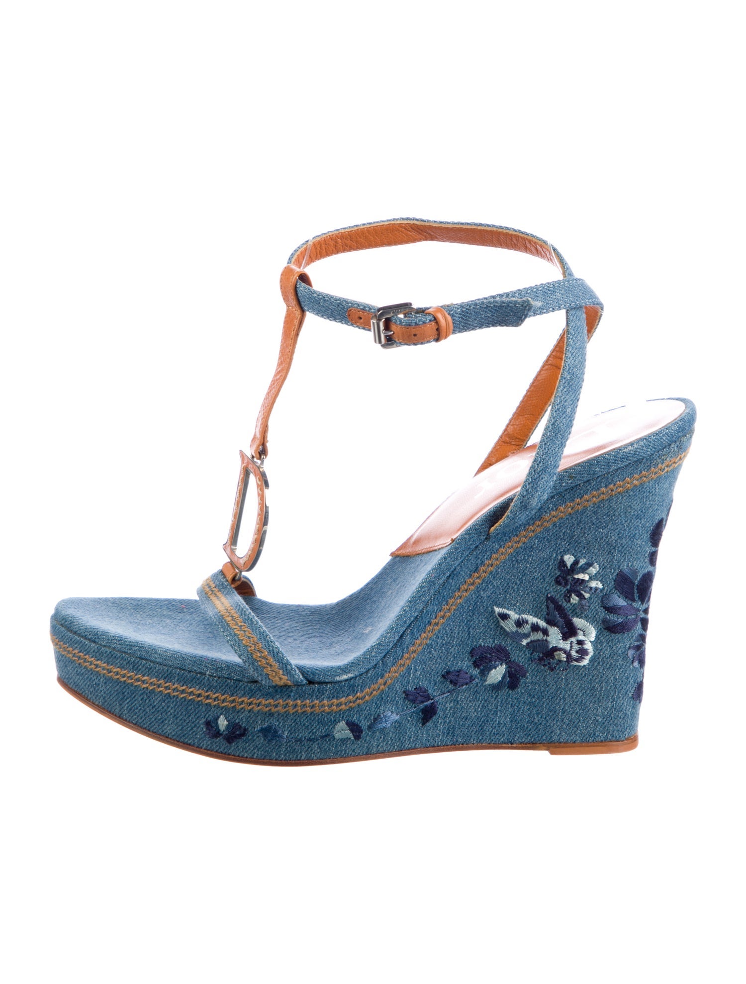 Christian Dior Denim Embroidered Accent T-Strap Sandals