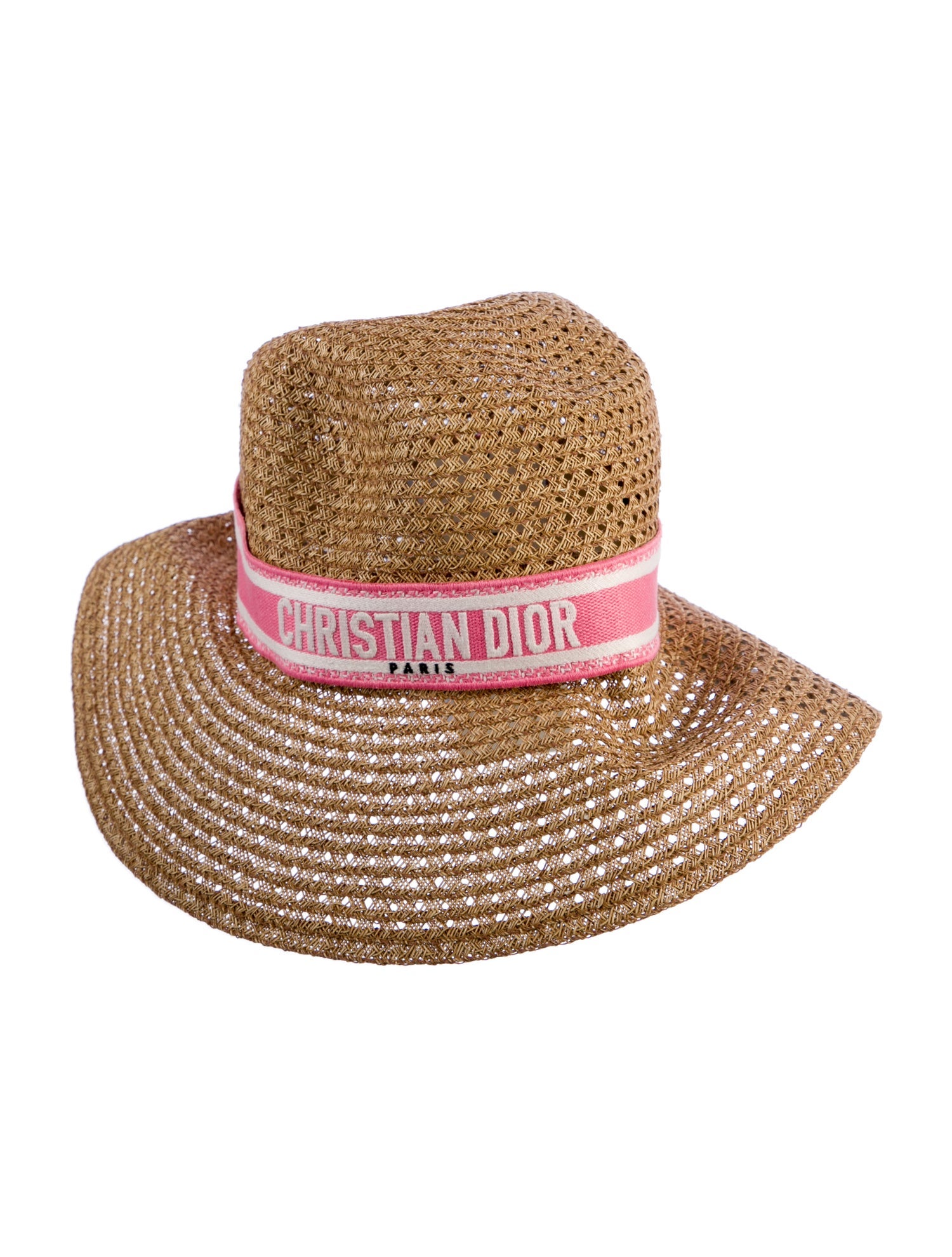 Christian Dior Beige Pink Logo Ribbon Straw Summer Hat