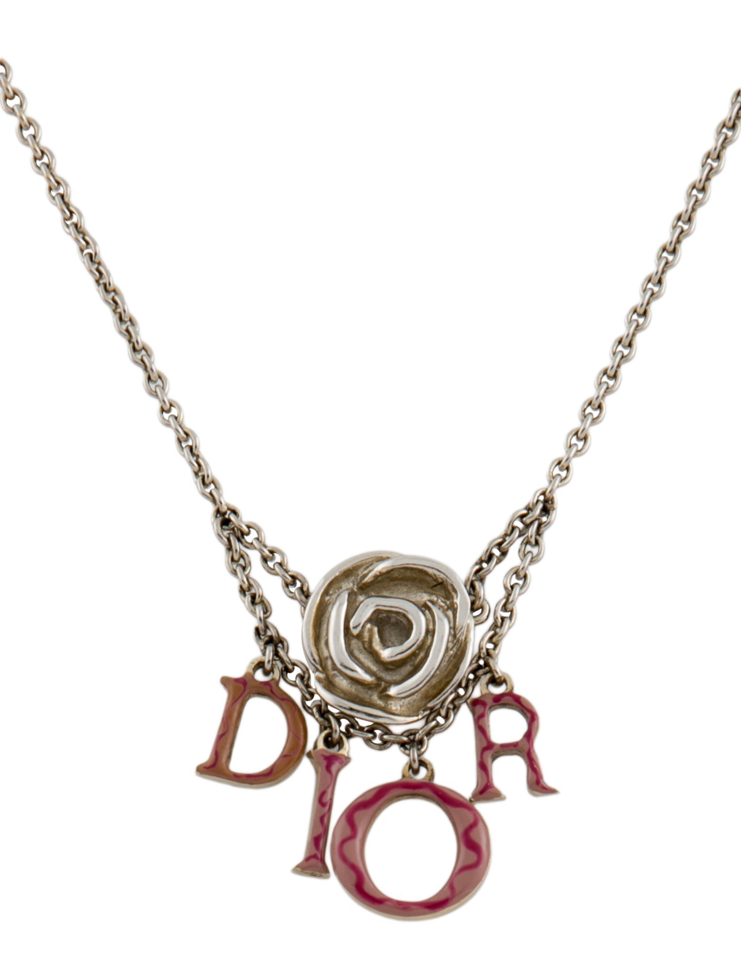 Christian Dior Enamel Logo & Rose Necklace