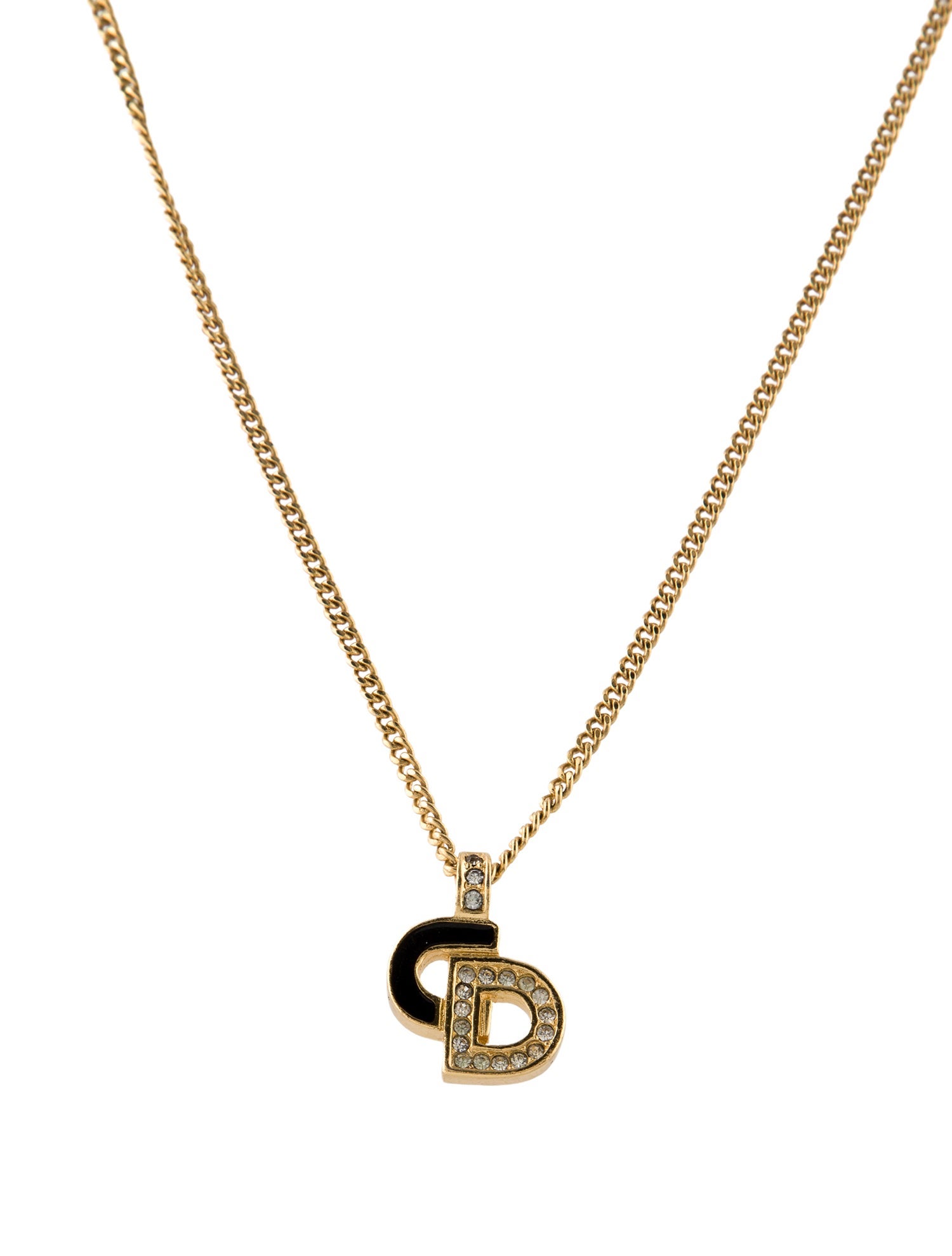 Christian Dior Vintage Crystal & Enamel 'CD' Pendant Necklace
