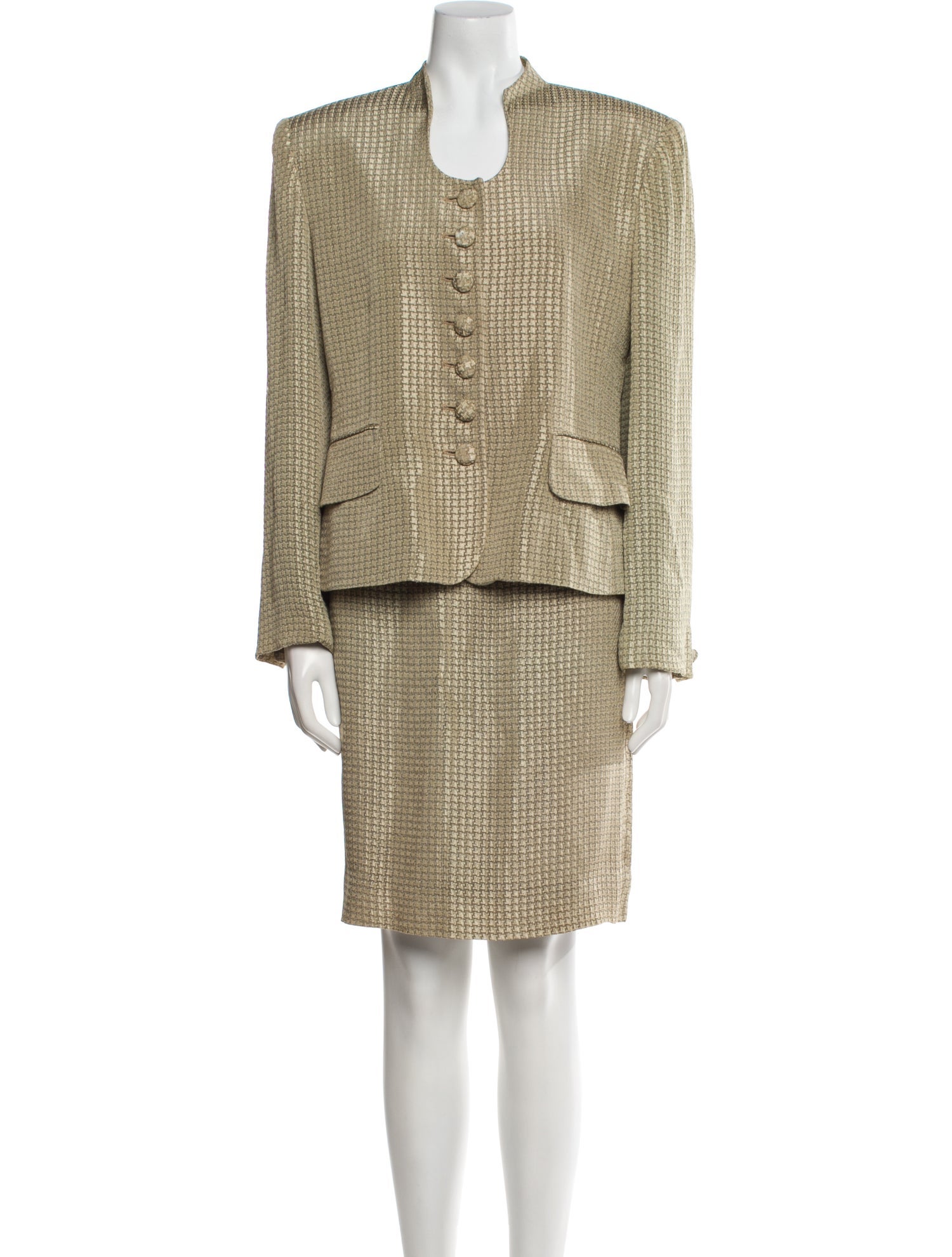 Christian Dior Houndstooth Print Pleated Accents Skirt Suit