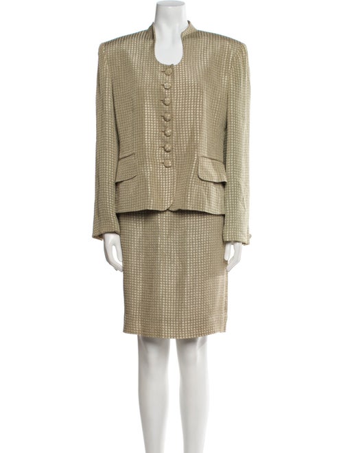 Christian Dior Houndstooth Print Pleated Accents Skirt Suit