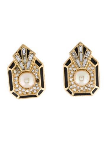 Christian Dior Clip-On Vintage Faux Pearl, Enamel & Crystal Earrings