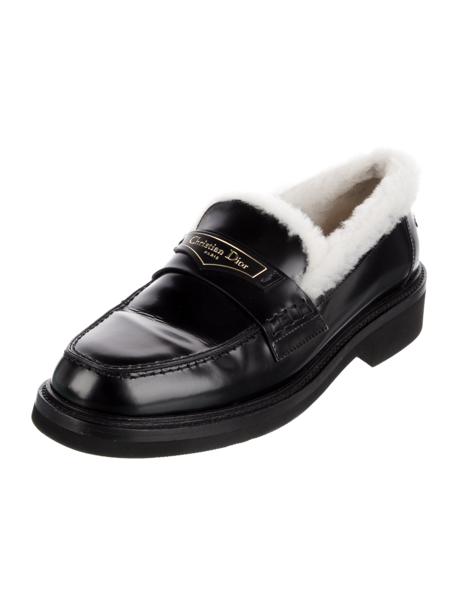 Christian Dior Leather Fur Trim Loafers