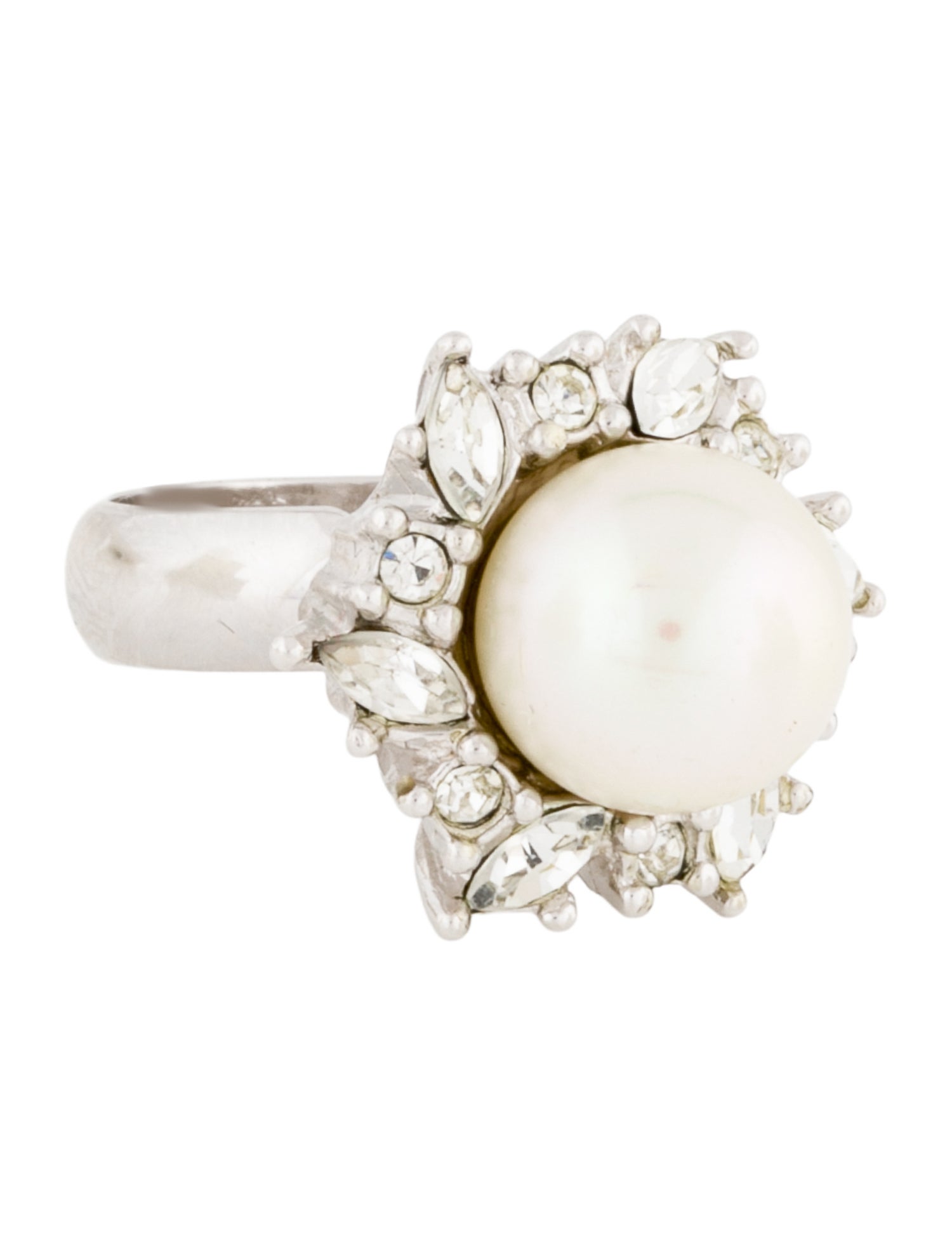 Christian Dior Vintage Crystal & Faux Pearl Cocktail Ring