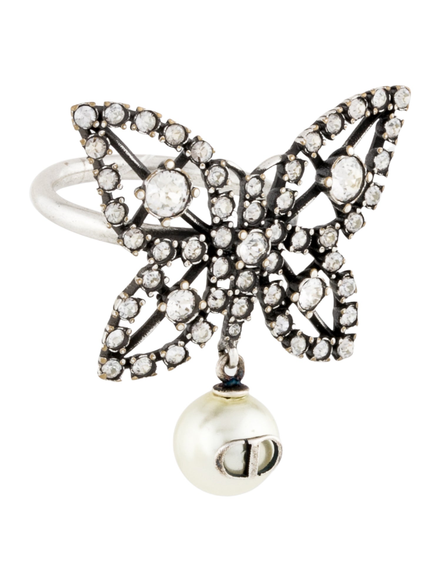 Christian Dior Crystal & Faux Pearl Butterfly Cocktail Ring
