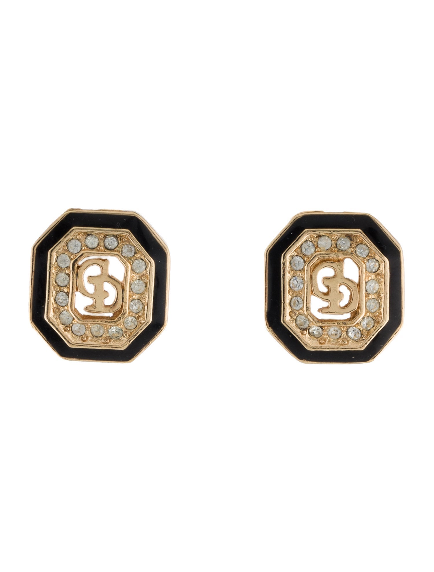 Christian Dior Vintage Enamel & Crystal CD Clip-On Earrings