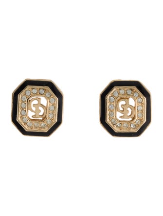 Christian Dior Vintage Enamel & Crystal CD Clip-On Earrings