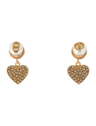 Christian Dior Faux Pearl & Crystal Heart Tribales Earrings