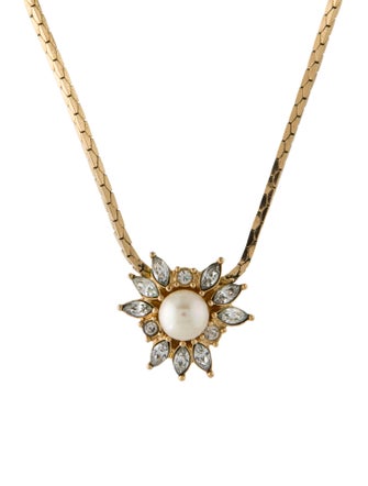 Christian Dior Vintage Crystal & Faux Pearl Pendant Necklace