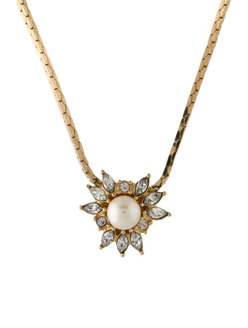 Christian Dior Vintage Crystal & Faux Pearl Pendant Necklace