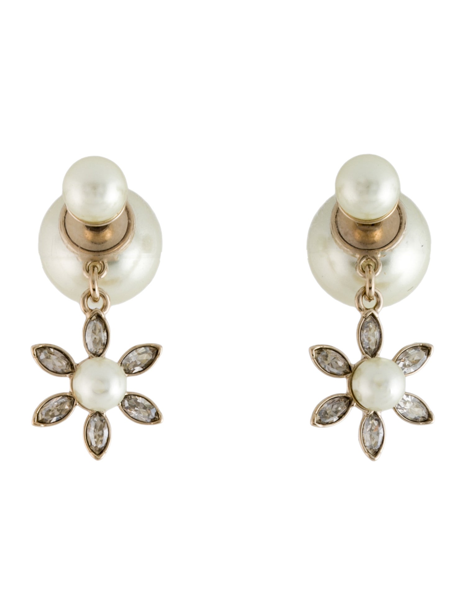 Christian Dior Faux Pearl & Crystal Flower Tribales Drop Earrings