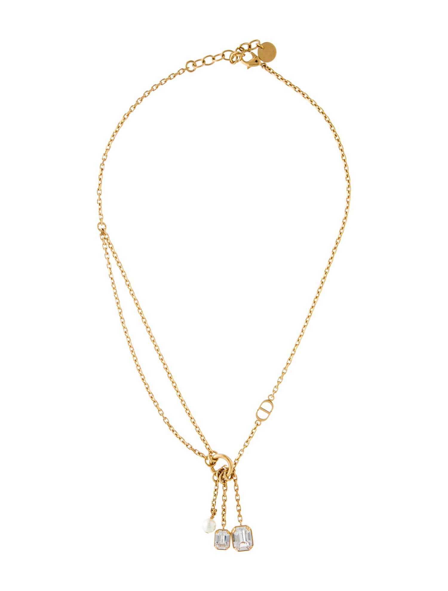 Christian Dior Petit CD Crystal & Faux Pearl Lavalier Necklace