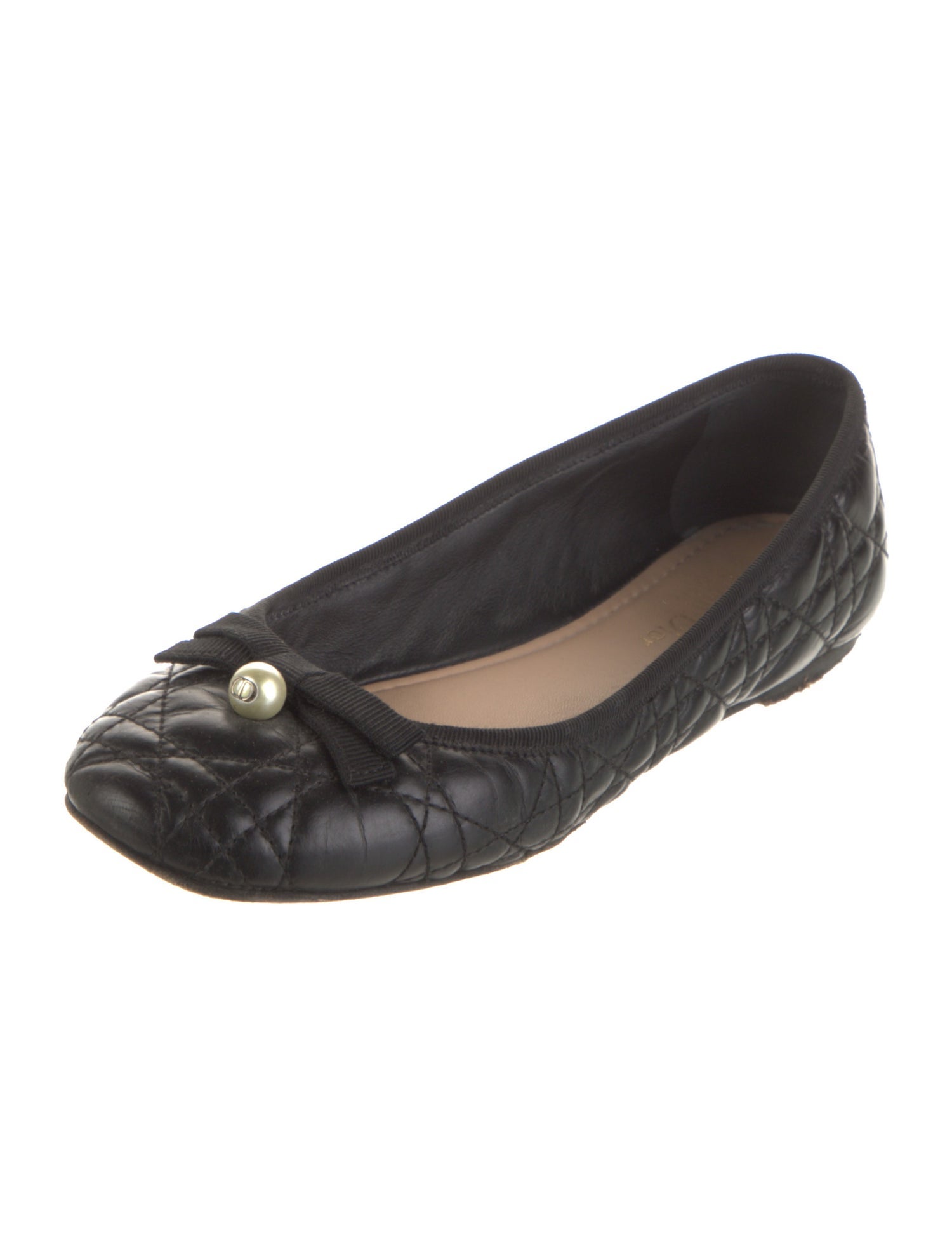 Christian Dior Faux Pearl Accents Leather Ballet Flats