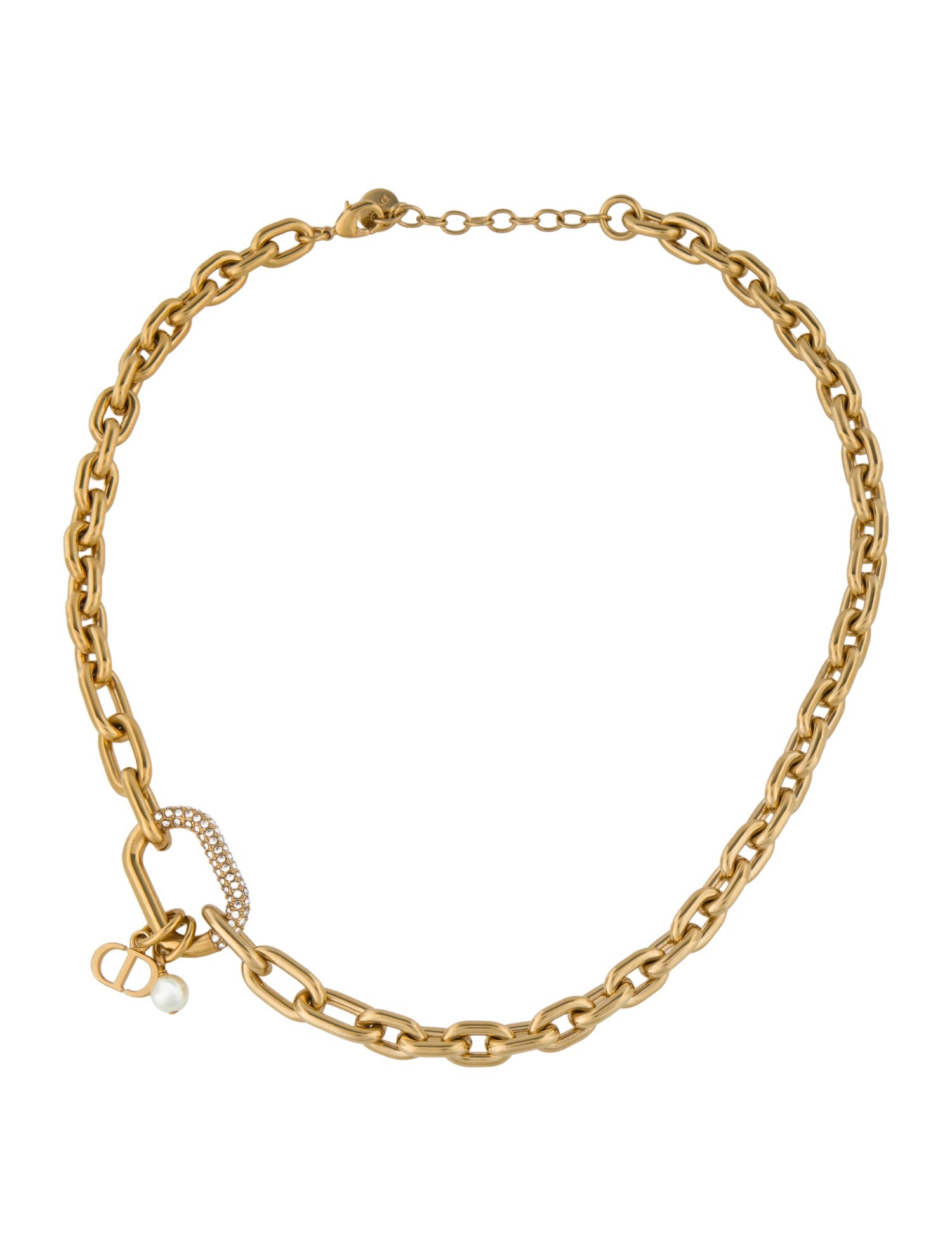 Christian Dior Crystal & Faux Pearl Chain Necklace