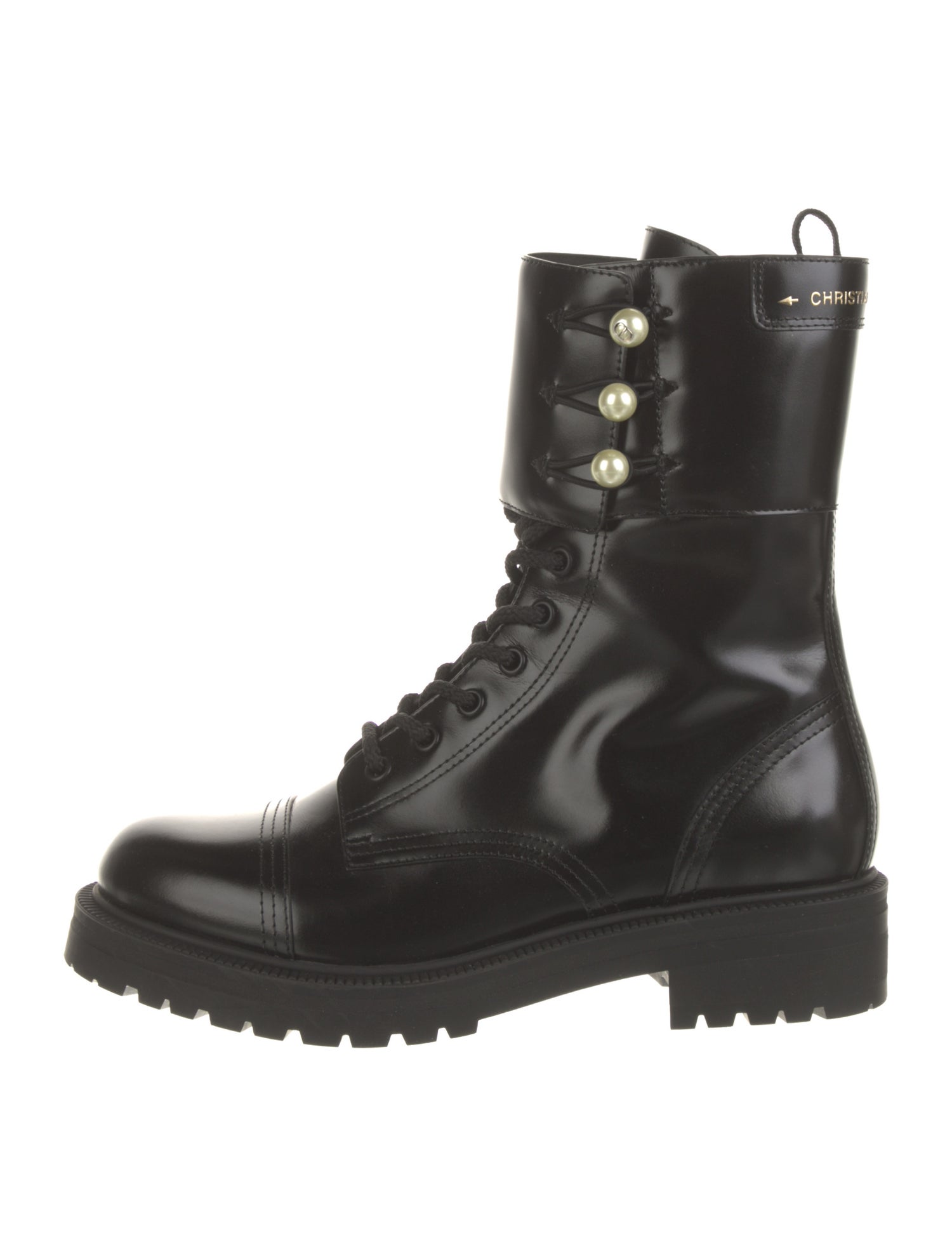 Christian Dior Faux Pearl Accents Leather Combat Boots