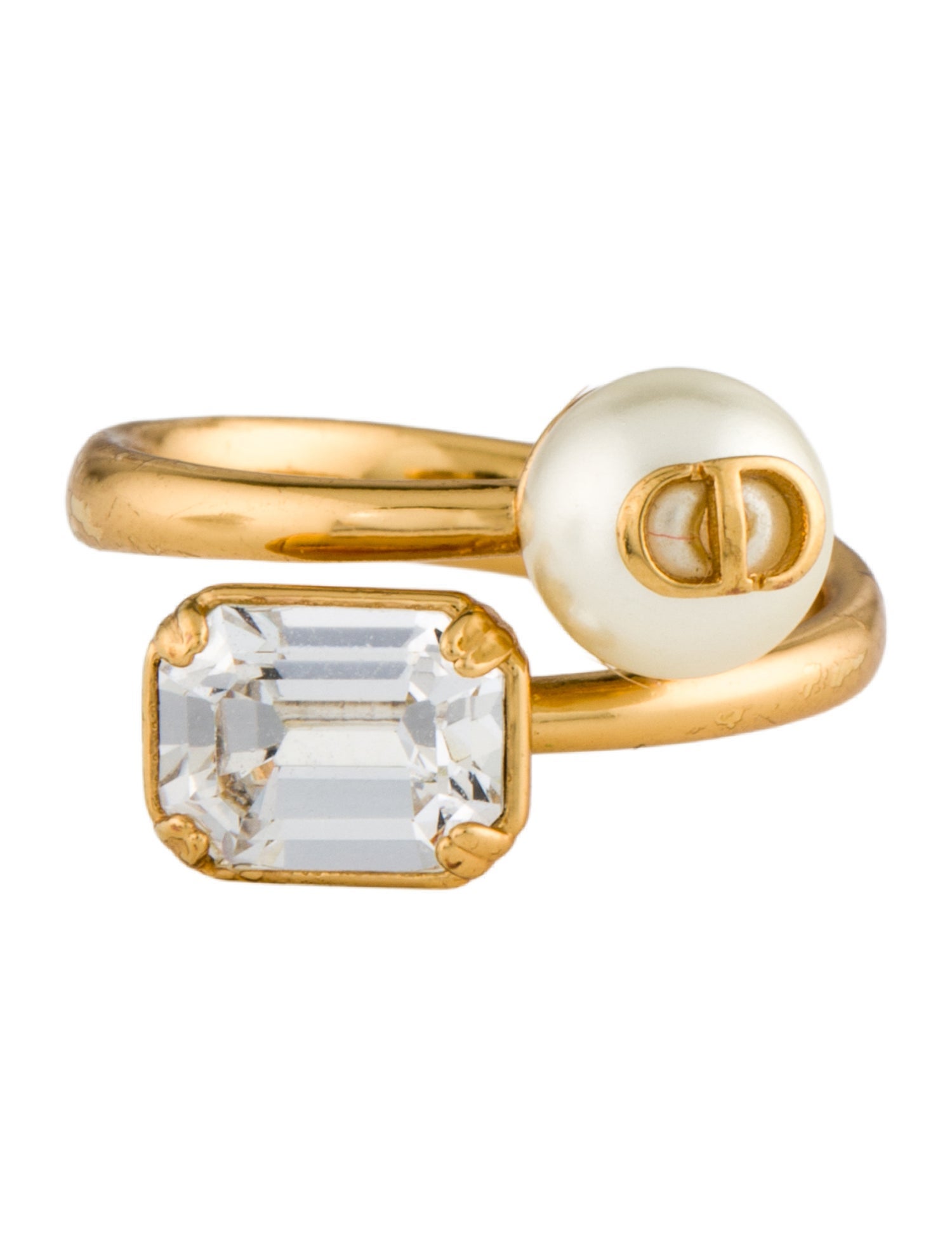 Christian Dior Faux Pearl & Crystal Petit CD Cocktail Ring