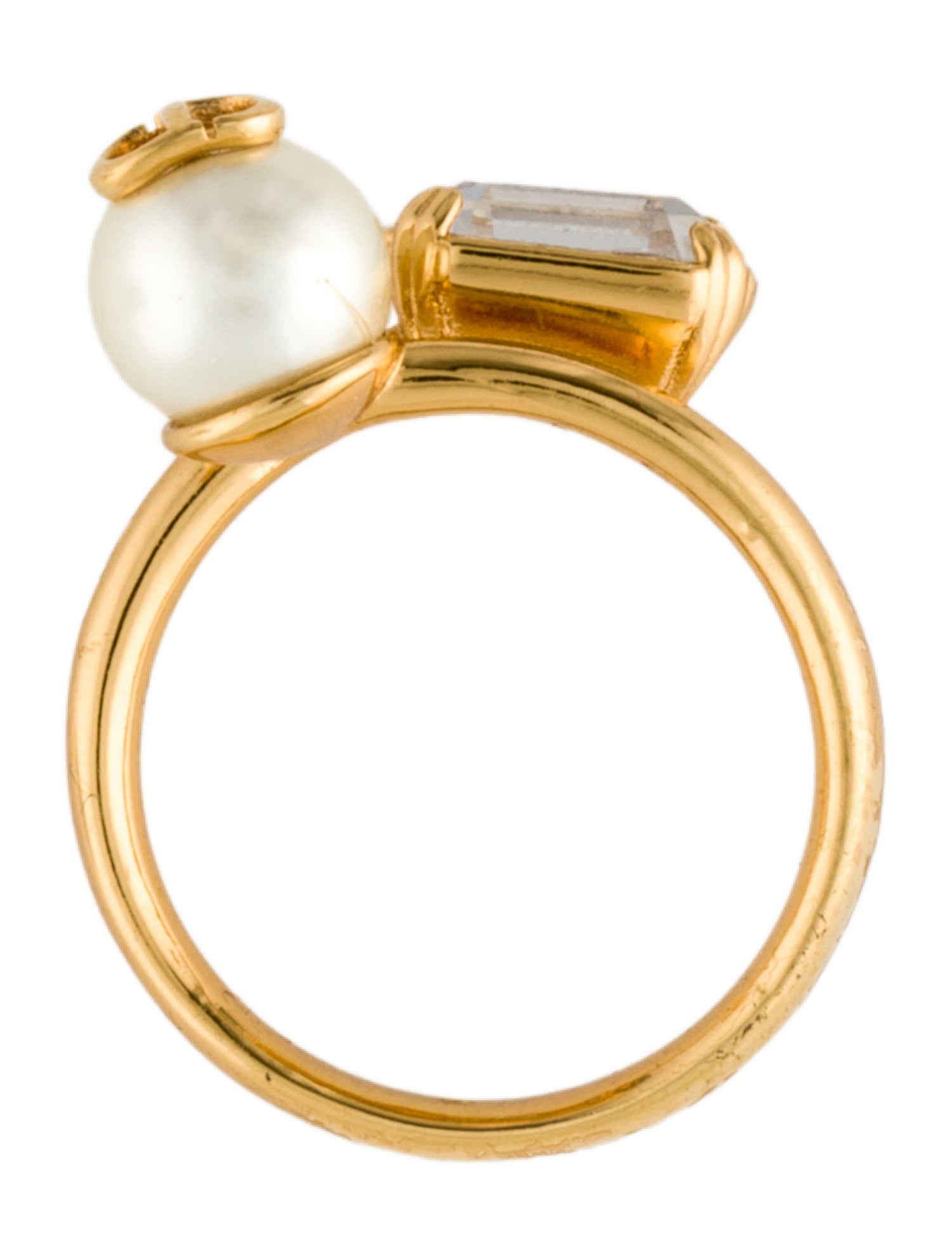 Christian Dior Faux Pearl & Crystal Petit CD Cocktail Ring