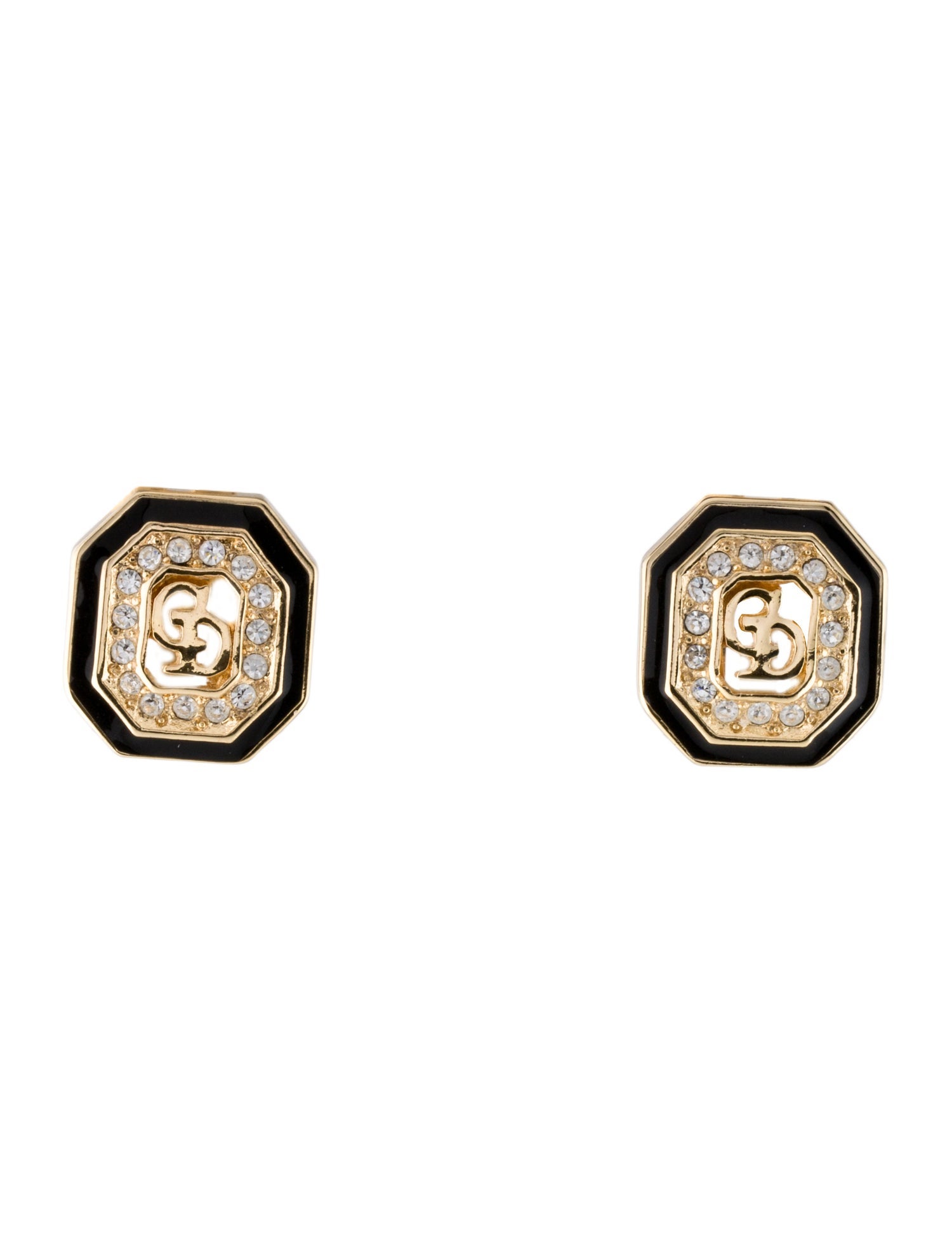 Christian Dior Vintage Enamel & Crystal CD Clip-On Earrings