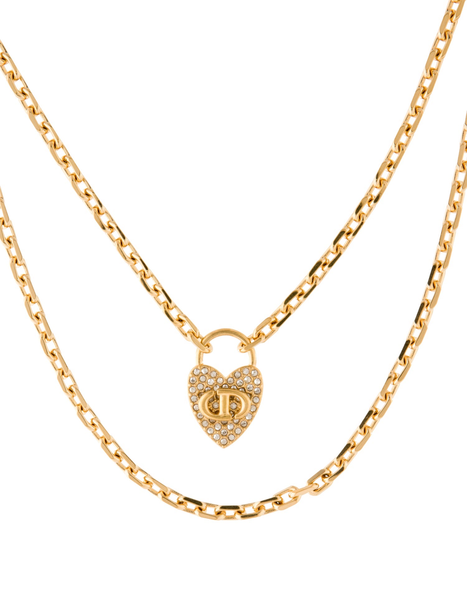 Christian Dior Crystal CD Double Strand Heart Pendant Necklace