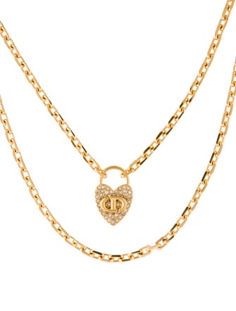 Christian Dior Crystal CD Double Strand Heart Pendant Necklace