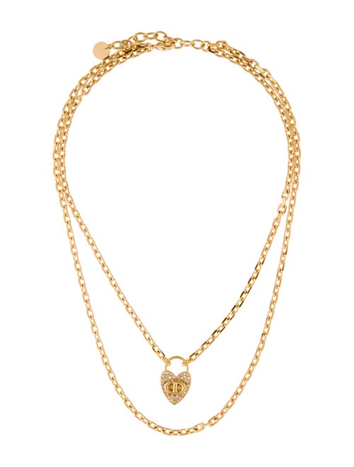 Christian Dior Crystal CD Double Strand Heart Pendant Necklace