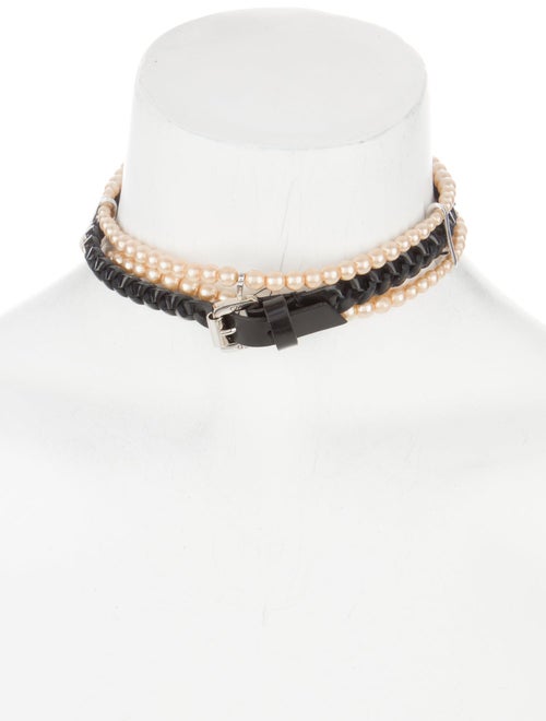 Christian Dior Faux Pearl & Leather Choker Necklace