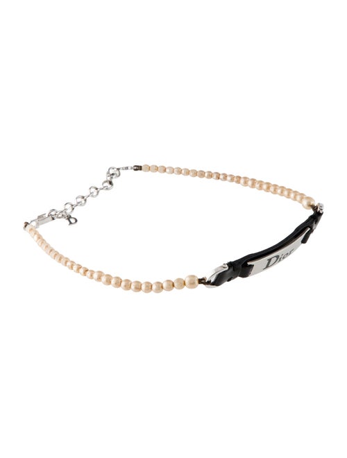 Christian Dior Faux Pearl & Leather Choker Necklace