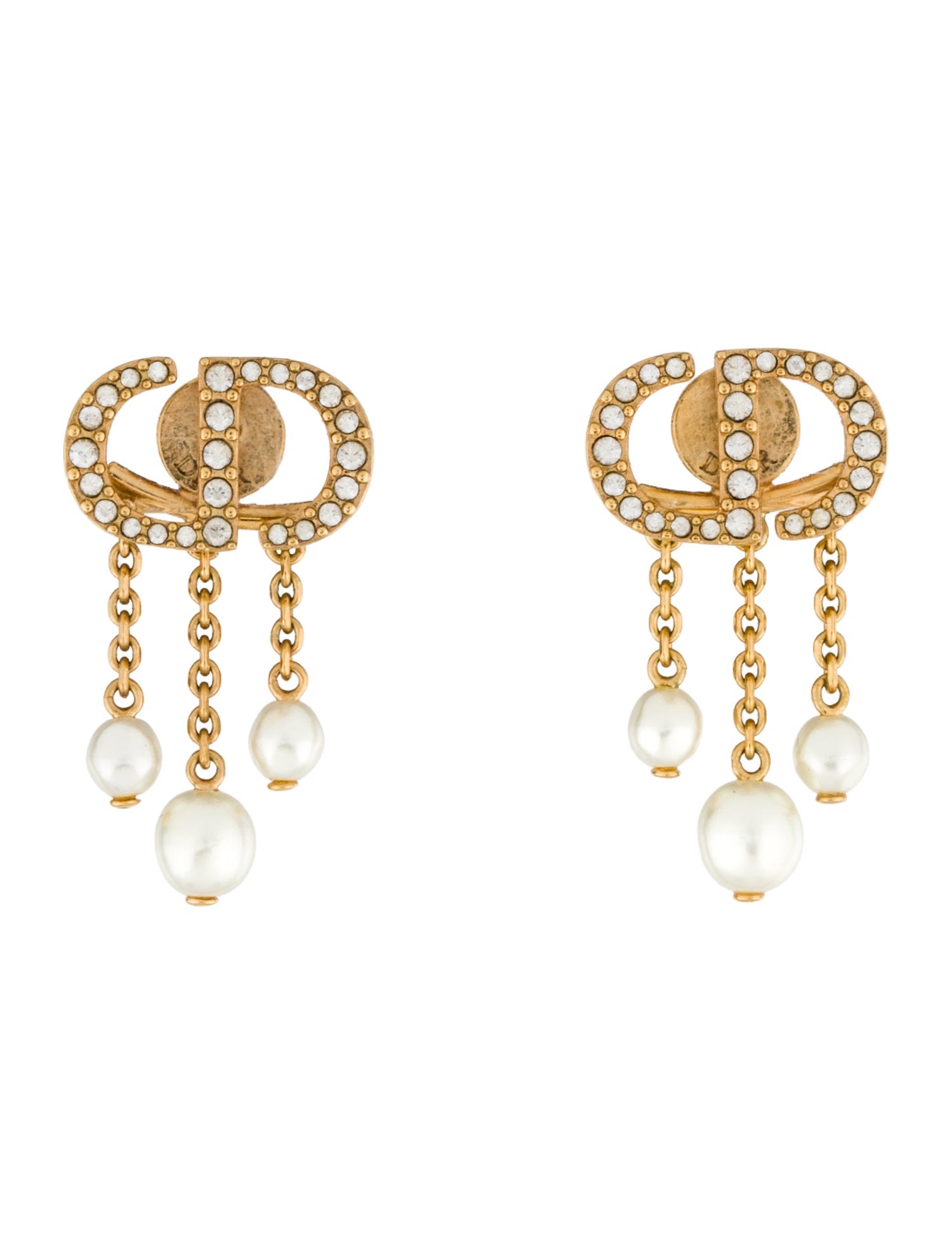 Christian Dior Faux Pearl & Crystal Petit CD Drop Earrings