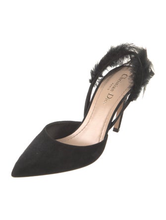 Christian Dior Suede Feather Trim Slingback Pumps