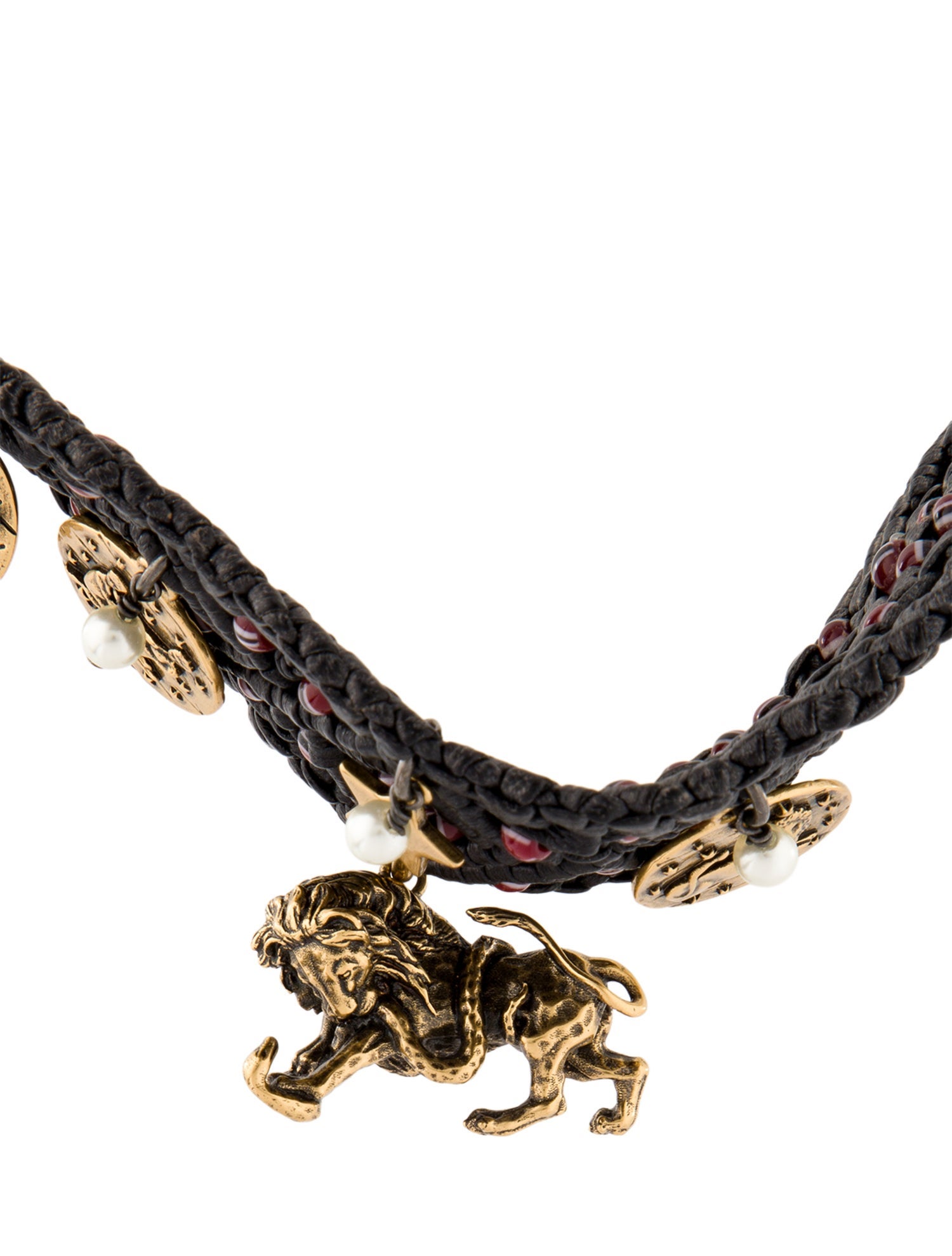 Christian Dior Faux Pearl,Beaded & Leather Zodiac Choker Necklace