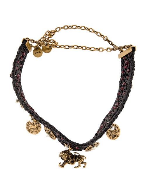 Christian Dior Faux Pearl,Beaded & Leather Zodiac Choker Necklace