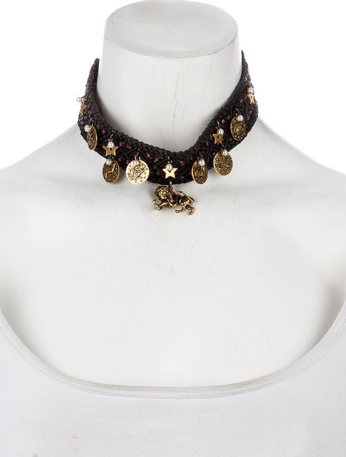 Christian Dior Faux Pearl,Beaded & Leather Zodiac Choker Necklace