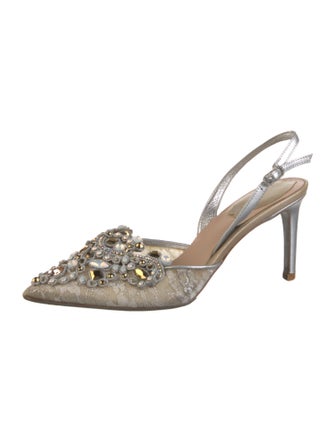 René Caovilla Lace Crystal Embellishments Slingback Pumps