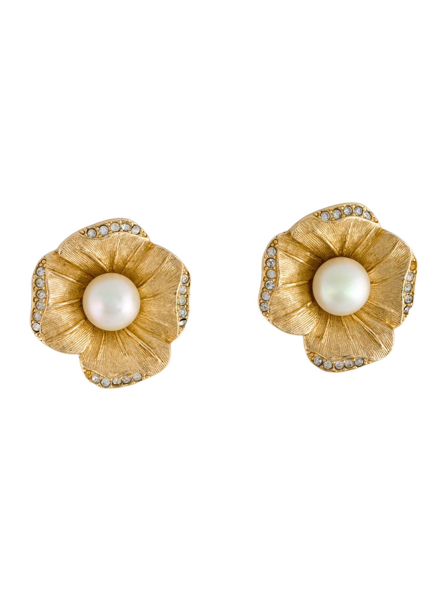 Christian Dior Vintage Faux Pearl & Crystal Flower Clip-On Earrings