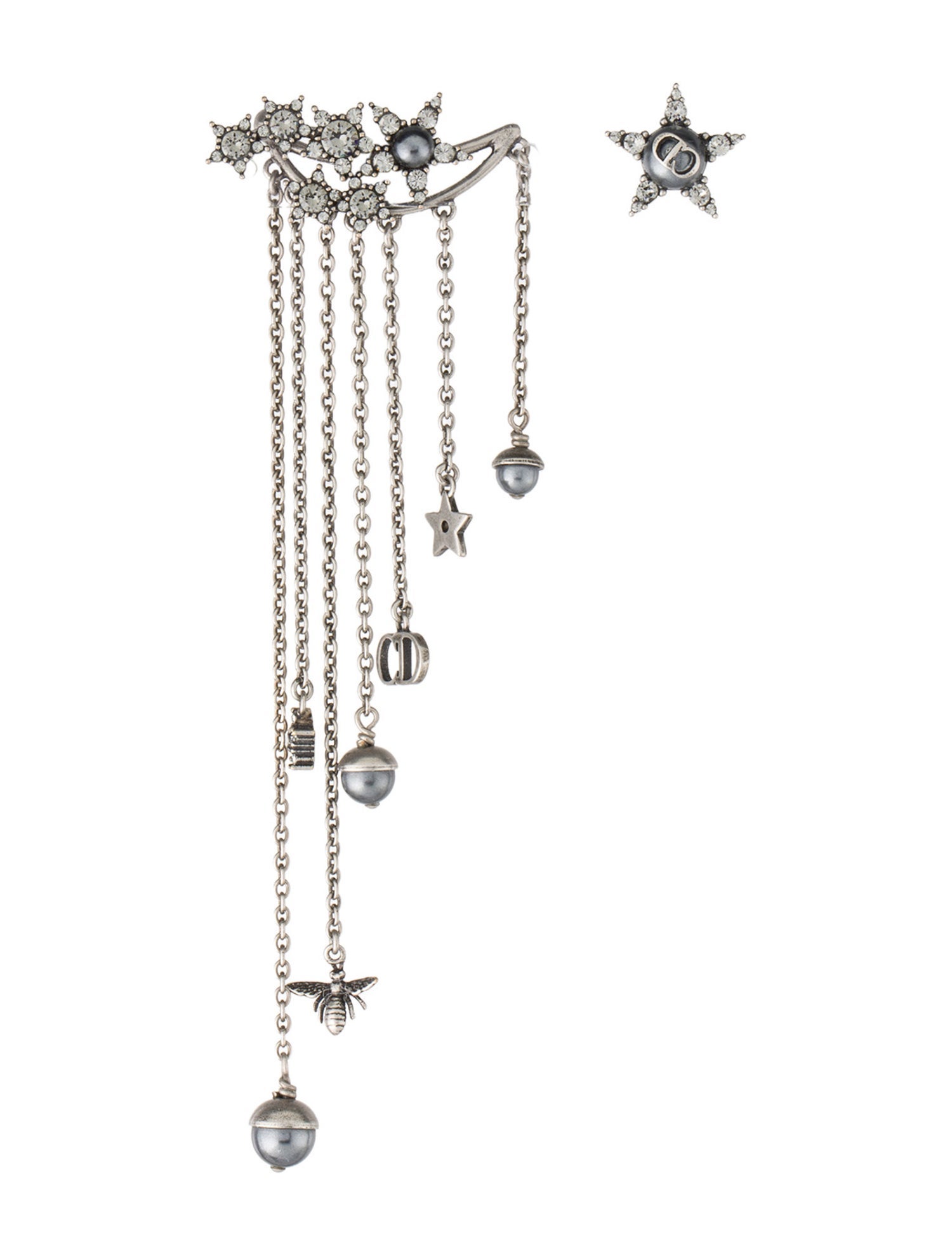 Christian Dior Faux Pearl & Crystal Star Asymmetrical Earrings