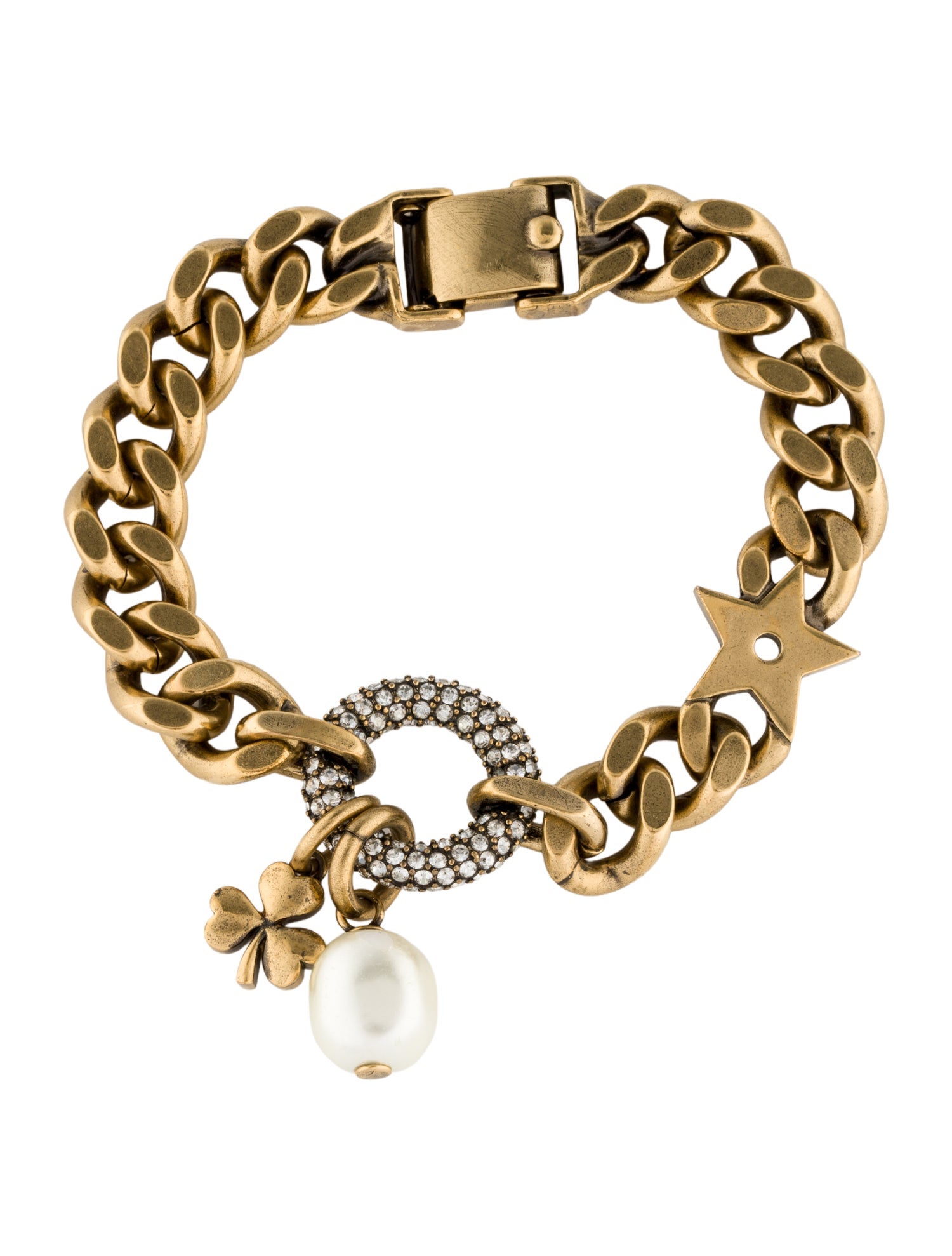 Christian Dior Faux Pearl & Crystal Clover Link Bracelet