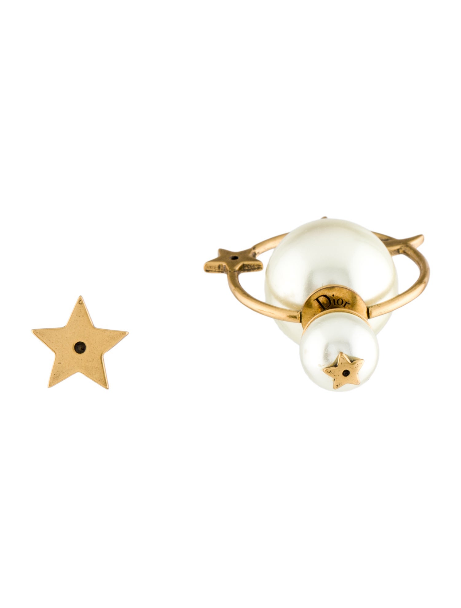 Christian Dior Faux Pearl Moon & Star Asymmetric Tribales Earrings