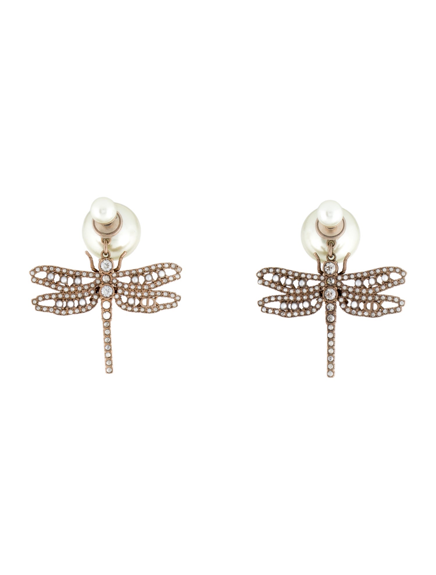 Christian Dior Faux Pearl & Crystal Dragonfly Tribales Earrings