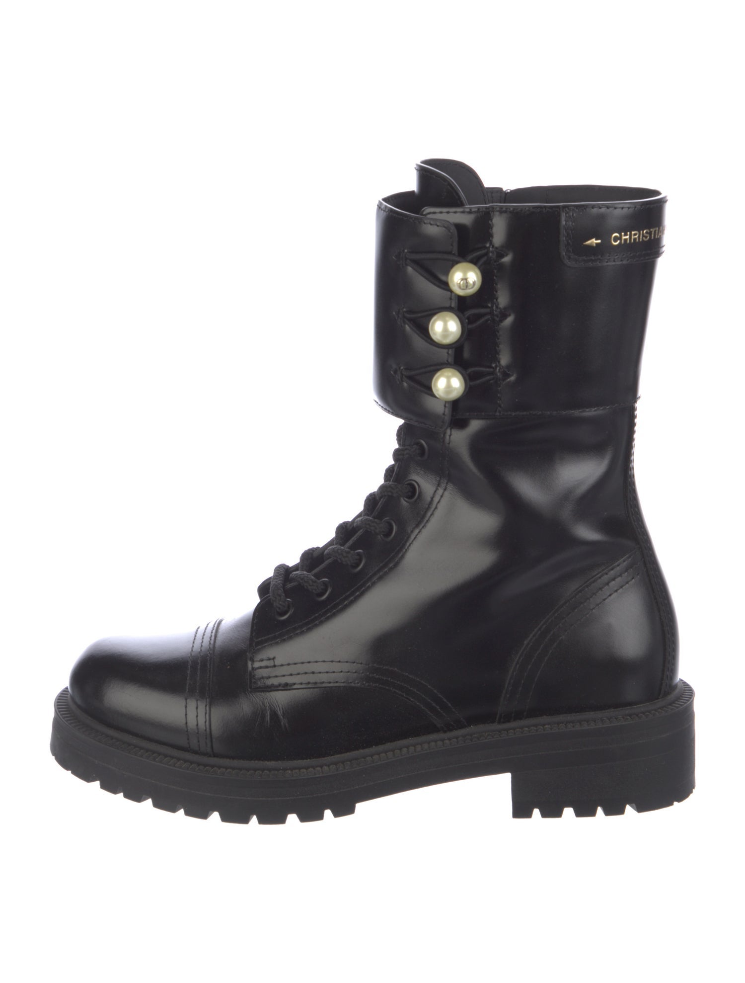 Christian Dior Faux Pearl Accents Patent Leather Combat Boots