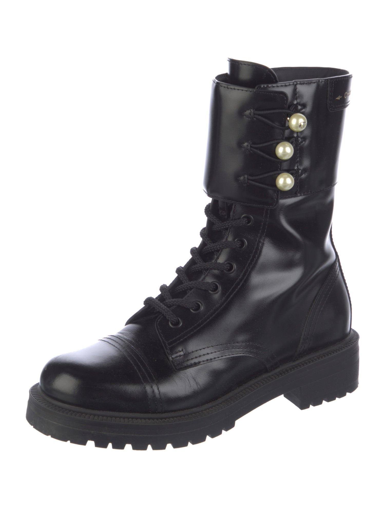 Christian Dior Faux Pearl Accents Patent Leather Combat Boots